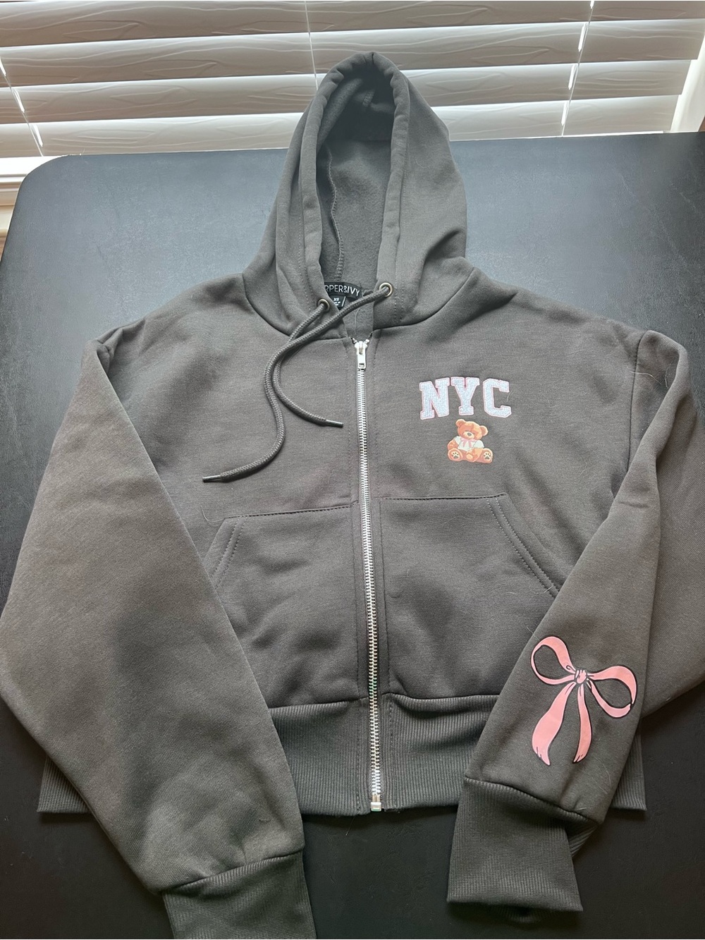 NYC Teddy Zip-Up Hoodie - Black with Pink Accent bow